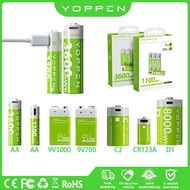 [⚡READY STOCK] YOPPEN 1.5V 3600mWh AA/AAA D  3.7v C 9V Li-Ion Bateri Rechargeable Battery Type-C USB