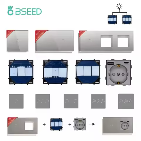 BSEED Touch Switches 1/2/3Gang 1/2Way Wall Glass Panels Type-C USB Socket EU Power Outlest Function 