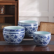 Akuarium ikan seramik porselin biru dan putih Jingdezhen, akuarium ikan emas meja besar, akuarium ku