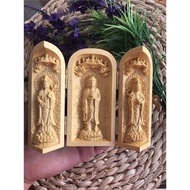 黃楊木雕佛像居家擺件隨身佛龕 觀音 關公 西方三圣 三開盒子
