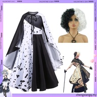 Cruella De Vil Cosplay Costume Gown Black White Polka Dot Maid Dress Performance Adult Women Hallowe
