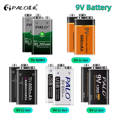 PALO 9V Rechargeable Battery 9 Volt Lithium Li-ion Battery 6F22 9V Crown Battery Ni-MH Batteries for