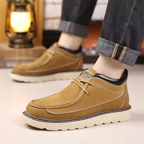 Mens Vintage Suede Moc Toe Chukka Boots Lace Up Thick Platform Non Slip Ankle Work Shoes Daily Outdo