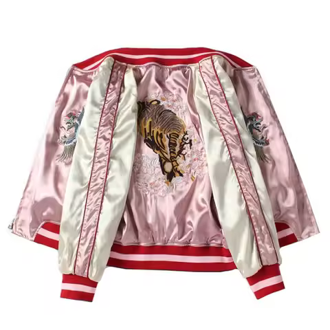 Women's Reversible Satin Souvenir Bomber Jacket Intricate Tiger & Crane Embroidery, Japanese Streetw