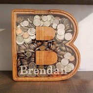 English Letters Coin Bank Solid Wood Coin Saving Box Storage Box Transparent Ornaments Children's Ca