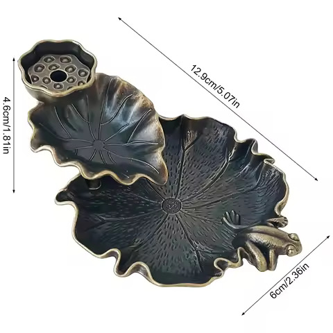 Lotus Leaf Frog Incense-Burner Antique Copper Alloy Decoration for Home Office Meditation