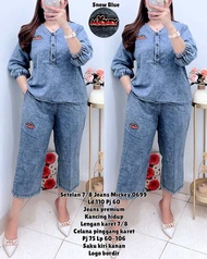 0699 SETELAN JEANS 7/8 V NECK KANCING BORDIR MICKEY LD110 WANITA|SETELAN SANTAI|SETELAN DENIM|ONE SE