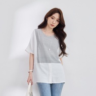 OB Strictly Selected Cool Texture Stitching Striped Short-Sleeved Top < AB21314 >