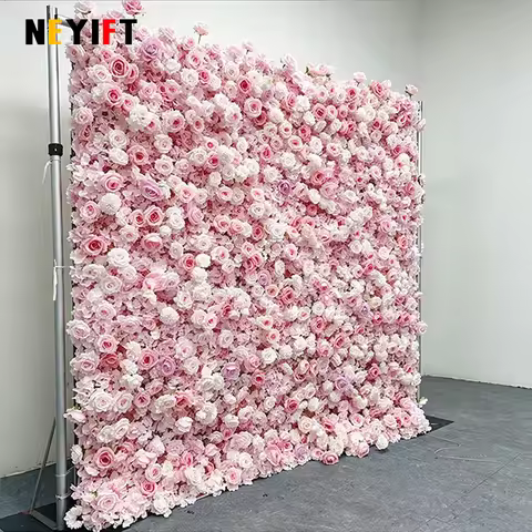 8ft/3.2ft Pink Flower Wall Artificial Silk Rose Backdrop For Wedding Decor Party 5D Floral Wall Roll