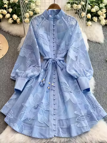 Sweet Fre Sle A-Line Dr Summer New High Waist Embroidery Hook Flower Lantern Sve Single Button Waist
