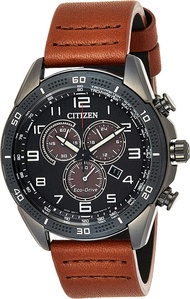 Citizen Eco-Drive Weekender Chronograph Mens Watch Stainless Steel with Leather strap Brown (Model: AT2447-01E)