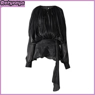 Women Dress Shirt Round Neck Lace-up Puff Long Sleeve Pullover Tops Zipper Closure Casual Tops Daily