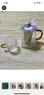 全新 泡茶壺組 錘紋方壺+茶杯一個。耐熱玻璃。500cc