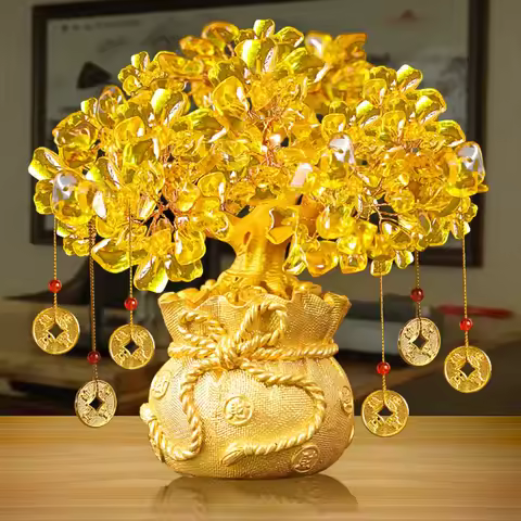 Lucky Tree Wealth Yellow Crystal Natural Money Ornaments Bonsai Style Luck Feng Shui Craft Citrine T