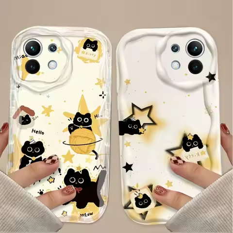Lucky Star Cat 3D Wave Case For Xiaomi 14T 13T 12T 13 12 11 11i Lite 5G 10T POCO X5 X6 Pro X3 NFC X4
