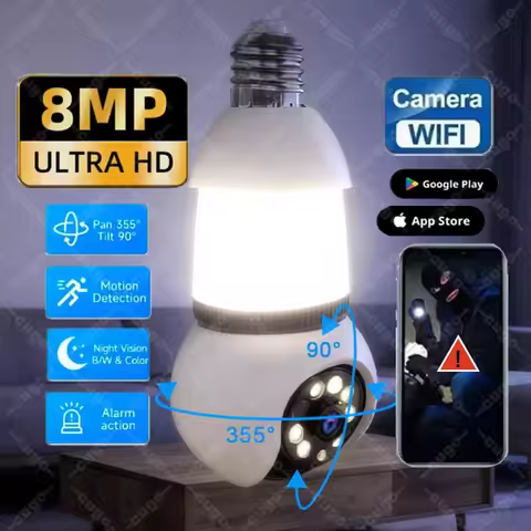 8MP E27 Bulb Lamp Camera LED Bulb WiFi Smart IP Surveilance Cam Two-way Audio Color Night Vision 10X