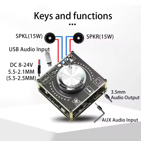 XY-D15H DC8-24V Stereo BT Audio Amplifier Board Module Digital Amplifier With Spectral Volume 2X10W/