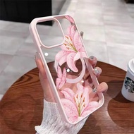 For iPhone 16 15 11 12 13 14 Pro 17 Max 14 15 Plus 16e Case Pink Lilies Magnetic Transparent Hard Ph