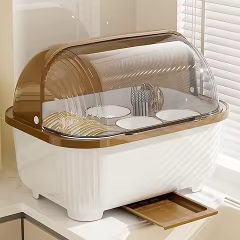 Dish Drying Rack with Dustproof Cover, Kitchen Countertop Dish Drainer with Drain Tray, Plate Organi