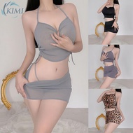 KIMI-Underwear Thongs Three Pieces Sets Transparent Sling Drawstring Short Skirts