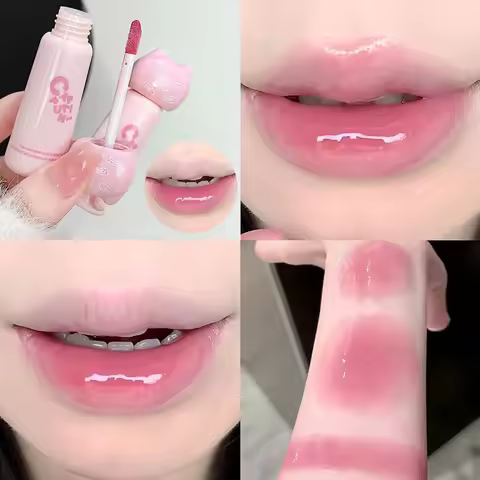 CAPPUVINI Cute Cat Water Mirror Lip Gloss Lasting Moisturizing Rose Apricot Pink Tint Lip Glaze Nude