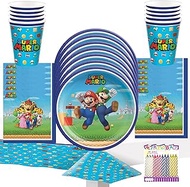Super Mario Brothers 9" Plates, Luncheon Napkins, 9oz. Cups and Table Cover - Super Mario Party Supplies Pack - For Kids - Durable, Leak Proof, Cut Resistant - Includes Birthday Candles