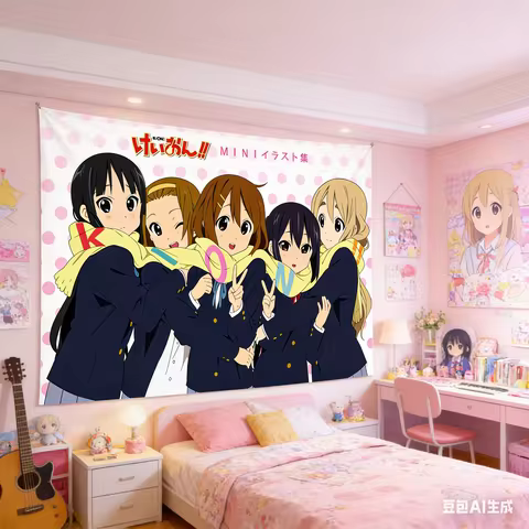 1pc K-ON Anime Group Poster, Polyester 2D Flat Wall Art, Classic Anime Decor for Bedroom, Ideal Otak
