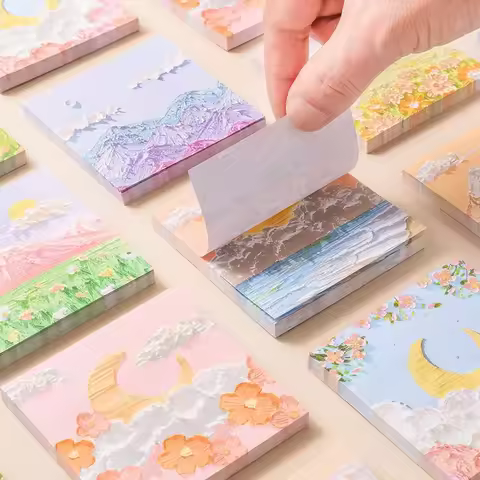 Ins Oil Painting Memo Pad Kawaii Sticky Notes Message Paper N Time Stickers Planner Jornal Decoratio