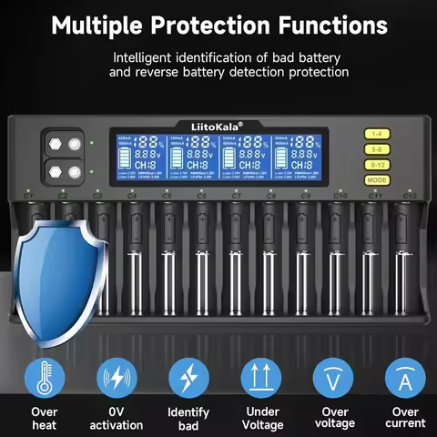 LiitoKala Lii-S12 Multifunctional Battery Charger 12 slot For 1.2V 3.8V 3.2V 3.7V NiMH/Cd 9v 21700 1