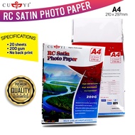 CUYI RC Satin || RC High Glossy Inkjet Photo Paper No Backprint 200gsm A4 Size (20 sheets)