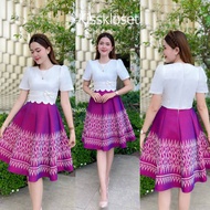 Kety Smile ชุดเดรสผ้าทอลาย แต่งหยักที่เอว แต่งโบว์ กระโปรงบานผ้า 8 ชิ้น อัดกาวทั้งชุด ทุกชิ้น ซิปซ่อ
