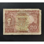 Malaya British Borneo Old Banknotes King George VI 20 Cents Year 1941 ( Original paper - Side Tear )