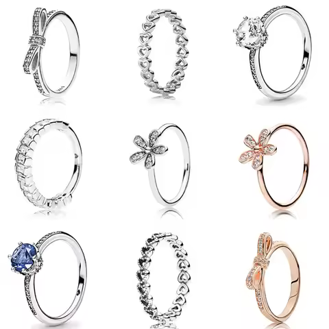 Silver Color Ring Blue Sparkling Crown Rings With Crystal For Women Wedding Party pandora Jewelry