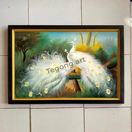 Wall decoration painting print picture 2 beautiful white peacocks plus frame size 65 x 45 cm
