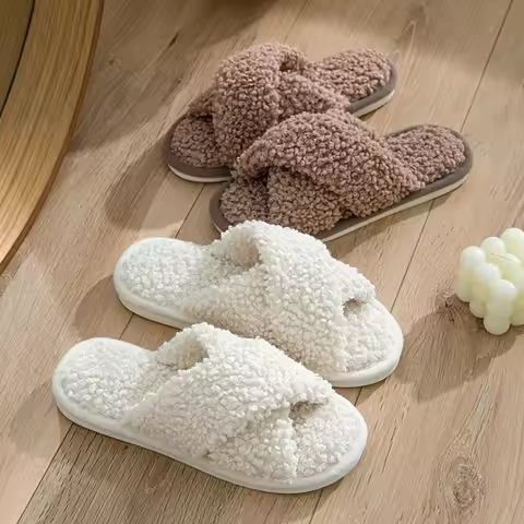 Fashion Cross Strap Fuzzy Slippers Women Indoor House Non Slip Warm Plush Woman Slippers Winter Comf