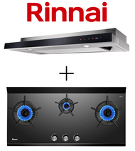 RINNAI RH-S309-GBR-T 90CM SLIMLINE HOOD + RINNAI RB-3CGN 3 BURNER INNER FLAME GLASS GAS HOB