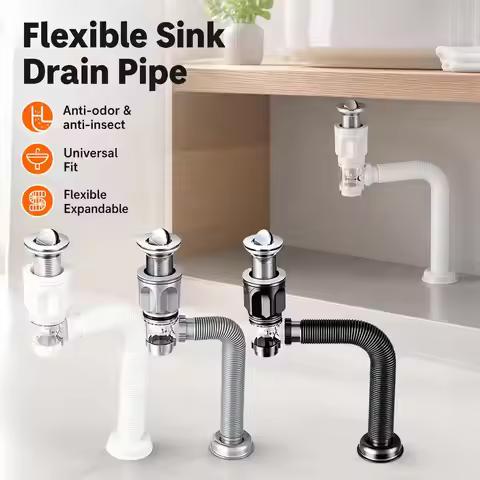 Flexible Bathroom Sink Drain Pipe Anti-Odor Washbasin Sewer Hose Pop Up Drain Stopper Space Saving B