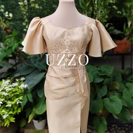 UZZO II Elegant Butterfly Sleeves 3D Lace Floral Midi Dress Gazar Golden Mocha Graduation Oathtaking