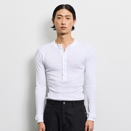 Hunter Studios - เสื้อยืดแขนยาว ทรงพอดีตัว คอกระดุม ตัดต่อปลายแขน ผ้าRibbed รุ่นHenley Shirt