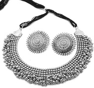 Indian Ethnic Fashion Handmade Bollywood Statement Tribal Gypsy Oxidized Ghungroo Beads Choker Necklace Earrings Set Jewelry, Metal, No Gemstone