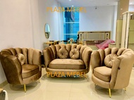 Sofa Kursi Tamu 211 Mulan Minimalis Bludru Kaki Gold
