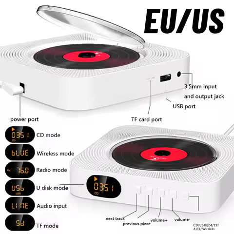 Portable CD Music Player Wall Mounted Bluetooth-compatible 5.1 Music Player LED Display 3.5mm Music 