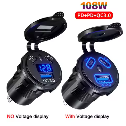 12V/24V USB Outlet 108W 3 Port Dual PD 45W USB C Car Charger Socket and Quick Charge 3.0 USB Charger