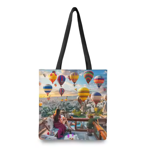 1Pc Hot Air Colorful Balloons Print Aesthetic Tote Bag For Women Cute Tote Bag Funny With Library Re
