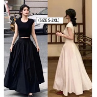 【READY STOCK AT Johor】 Hotgirl⭐Women's Hepburn style long solid color pleated skirt Loose  A-line sk