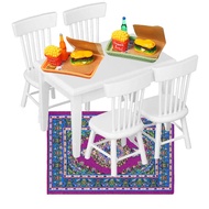 18Pcs Dollhouse Furniture Set, 1/12 Dollhouse Decoration 1Pc White Wooden Dining Table and 4Pcs Chai