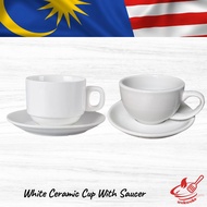 White Ceramic Coffee Cup With Saucer / Cawan Kopi Seramik Putih Dengan Piring