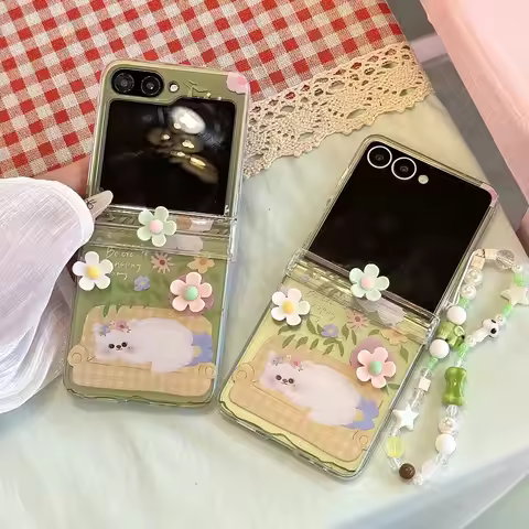 3D Flower Cute Cat Star Phone Case with Hinge Protection & Wrist Strap for Samsung Galaxy Z Flip 7 F