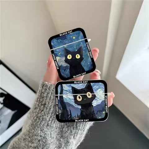 Artistic Black Cat Starry Night Earphone Case for For Apple Airpods 4 2 3 Soft Headphone Protective 