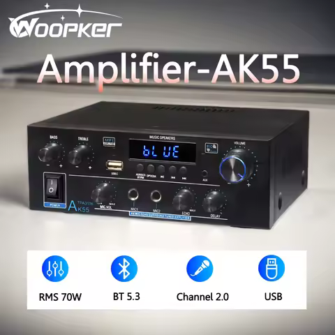 Woopker Audio Amplifier AK55 HiFi Stereo Channel2.0 RMS70W*2 Bluetooth 5.3 Support AUX/OPT/RCA Power